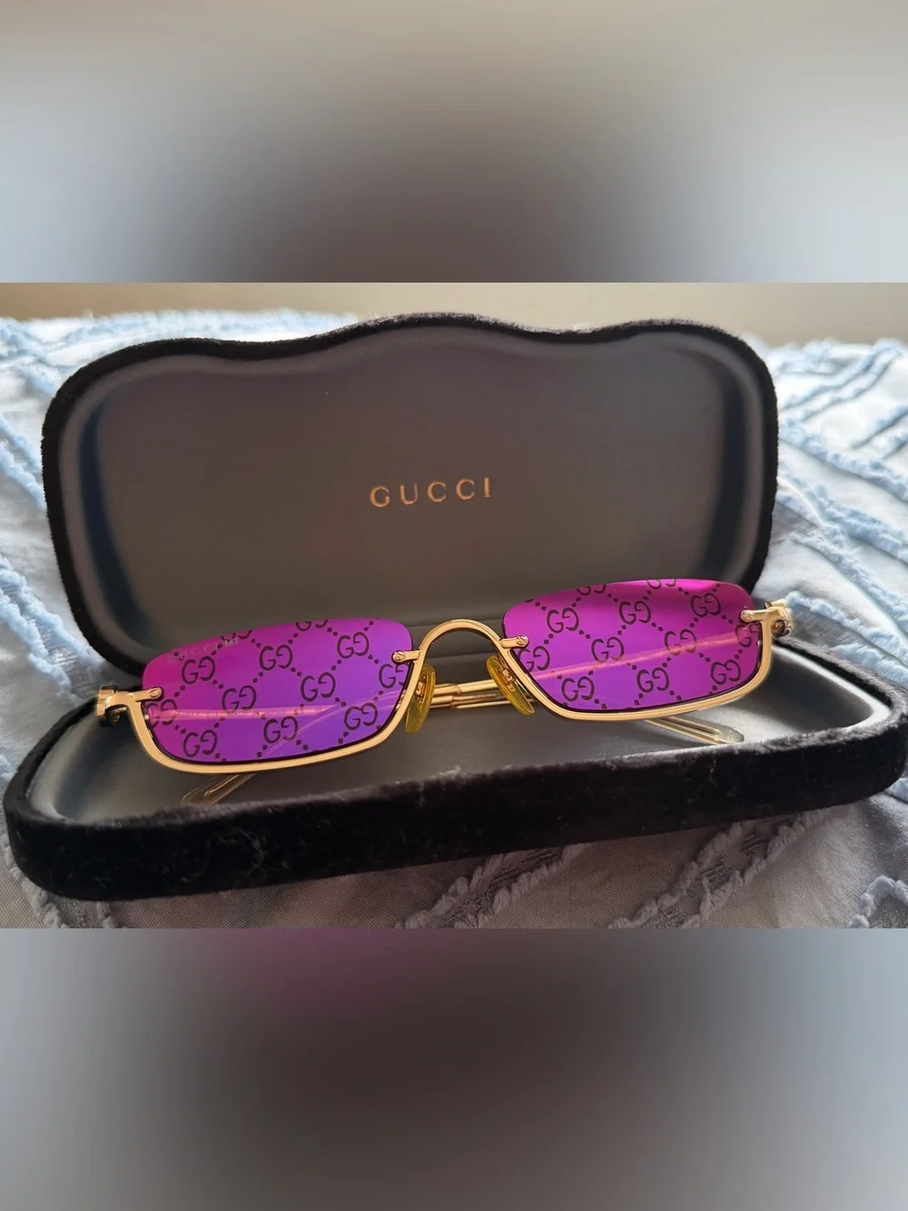 Gucci Gold Frame Sunglasses with Purple GG Logo Lenses